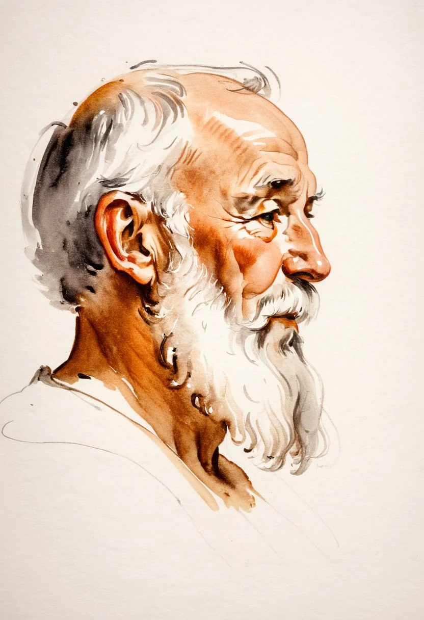 simple background, a sketch of an old man, beard, facial hair, profile, from side, portrait, closed mouth, solo, close-up, <lora:sketch_study_XL_resize:1>