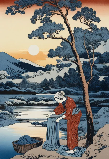 masterpiece,best quality,intricate details,KHsty-XL,woodcuts art,women washing clothes by riverside,panaramic scenery,sunrise,winter,