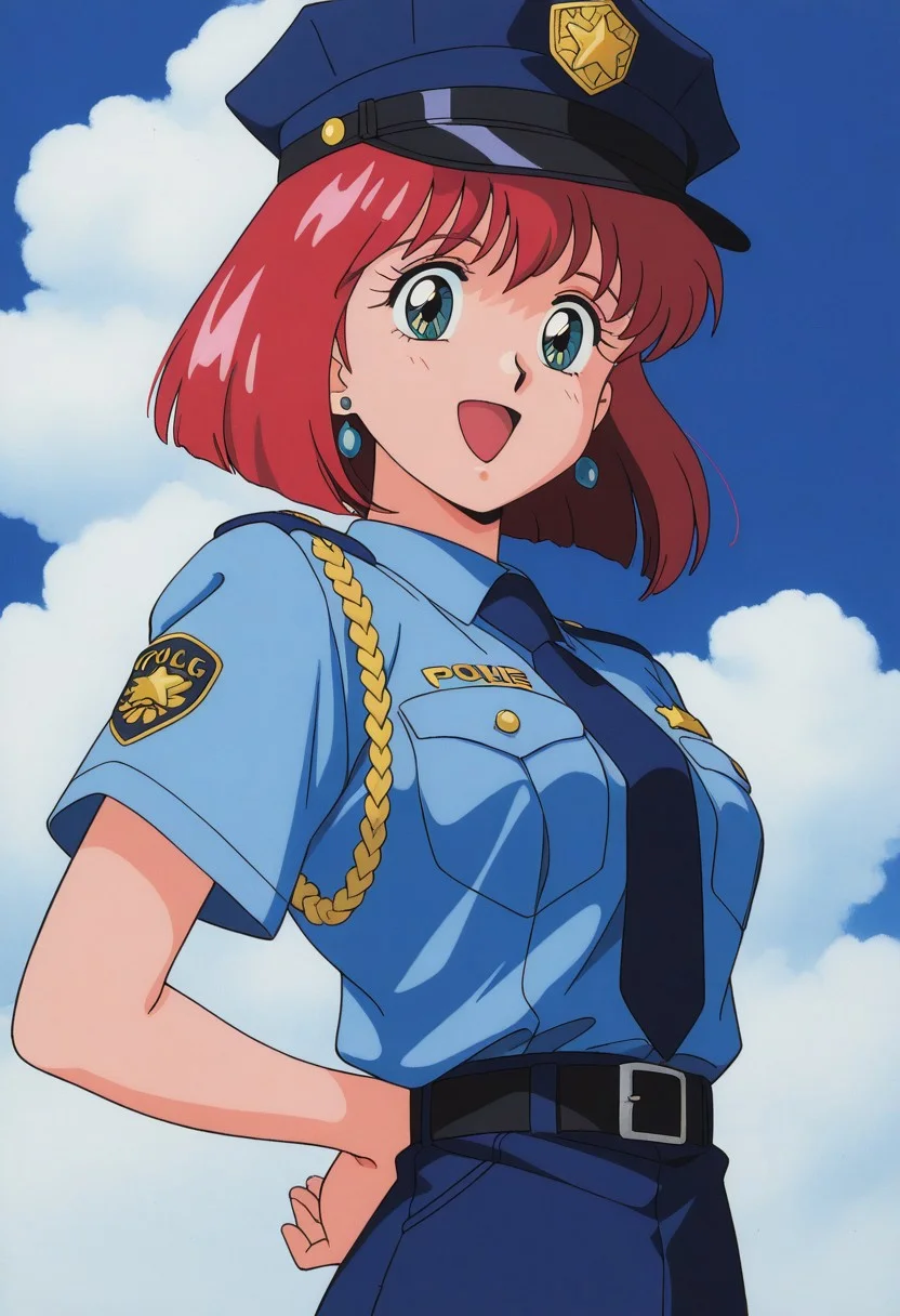masterpiece, best quality, source_anime,official art,perfect_anatomy,1990s_\(style\),retro_artstyle,momo(adult version),1girl,red hair,jewelry,police uniform,hat,looking_at_viewer,smile,open mouth,upper body,close to viewer,day,blue_sky,cloud