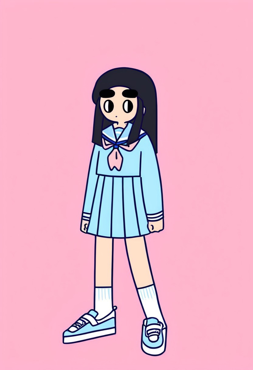 oh.caroool art style,black long hair,pastel pink lips,1girl, skirt, amidst,full body,big oval eyes,thick lines,thick eyebrows,sailor school uniform,blue school uniform, trainers, chunky sneakers,high sporty socks,standing straight ,pink background ,minimalist art, minimalist details