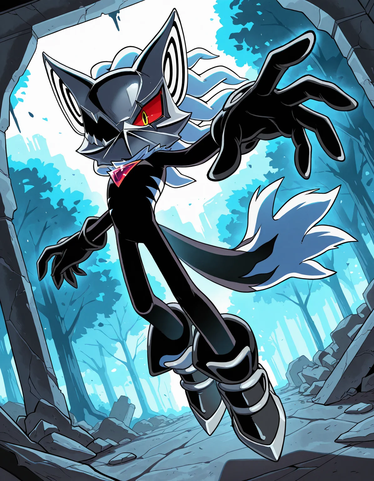 masterpiece, best quality, amazing quality, newest, absurdres, highres, sonic \(series\), 1boy, solo, infinite the jackal, grey mask, masked, one eye covered, red sclera, scarf, gem, gloves, shoes, floating, full body, dynamic pose, dutch angle, from below, park, ruins