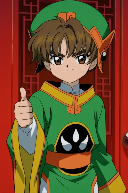 <lora:Cardcaptor_Sakura_1998_Character_Pack:.9>
li syaoran, cardcaptor sakura anime, anime screencap, anime coloring, 1boy, male focus, brown hair, brown eyes, green headwear, hat, solo, long sleeves, retro artstyle, short hair, bangs, looking at the viewer, chinese clothes, smug smile, thumbs up