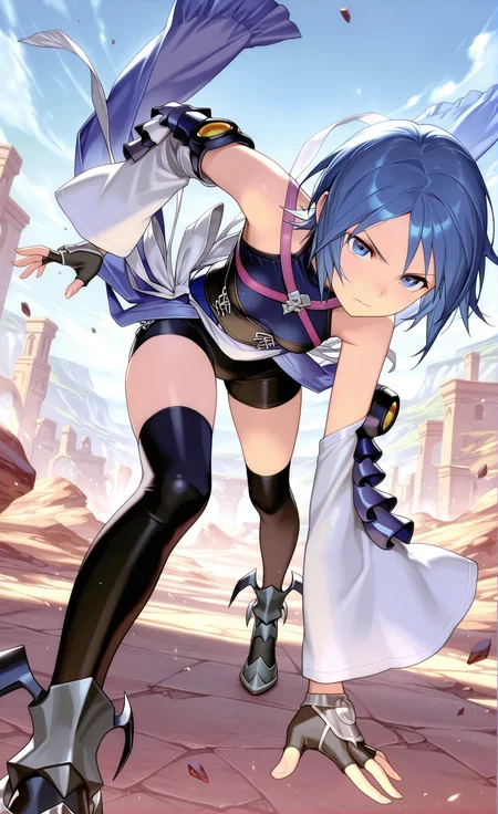 masterpiece,best quality,amazing quality, absurdres, 1girl, <lora:IllAqua:1> illuaqua, blue hair, short hair, blue eyes, bare shoulders, detached sleeves, black thighhighs, bike shorts, corset, fingerless gloves, dynamic pose, serious, boots,
