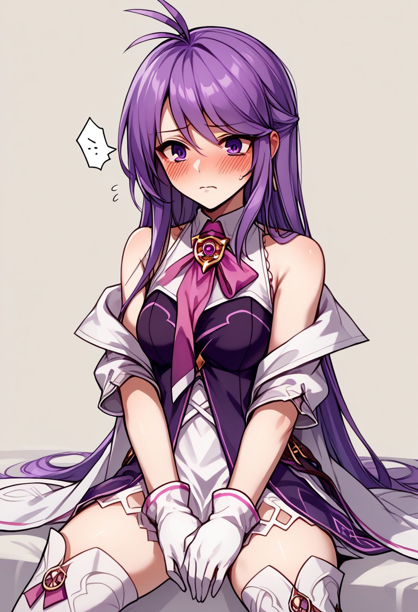 score_9, score_8_up, score_7_up, source_anime, good anatomy, 1girl, solo, AishaAS, antenna hair, ahoge, long hair, purple hair, sidelocks, very long hair, purple eyes, amulet, pink ribbon, wing collar, white and purple dress, layered dress, sleeveless dress, leather belt, off shoulder coat, white coat, white gloves, white thighboots, blushing, embarassed, sitting, hands between thighs,
