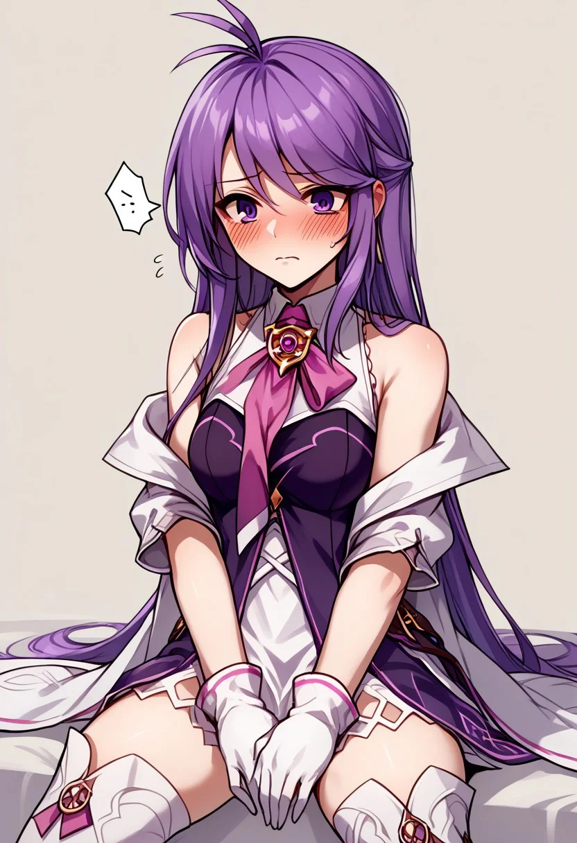 score_9, score_8_up, score_7_up, source_anime, good anatomy, 1girl, solo, AishaAS, antenna hair, ahoge, long hair, purple hair, sidelocks, very long hair, purple eyes, amulet, pink ribbon, wing collar, white and purple dress, layered dress, sleeveless dress, leather belt, off shoulder coat, white coat, white gloves, white thighboots, blushing, embarassed, sitting, hands between thighs,