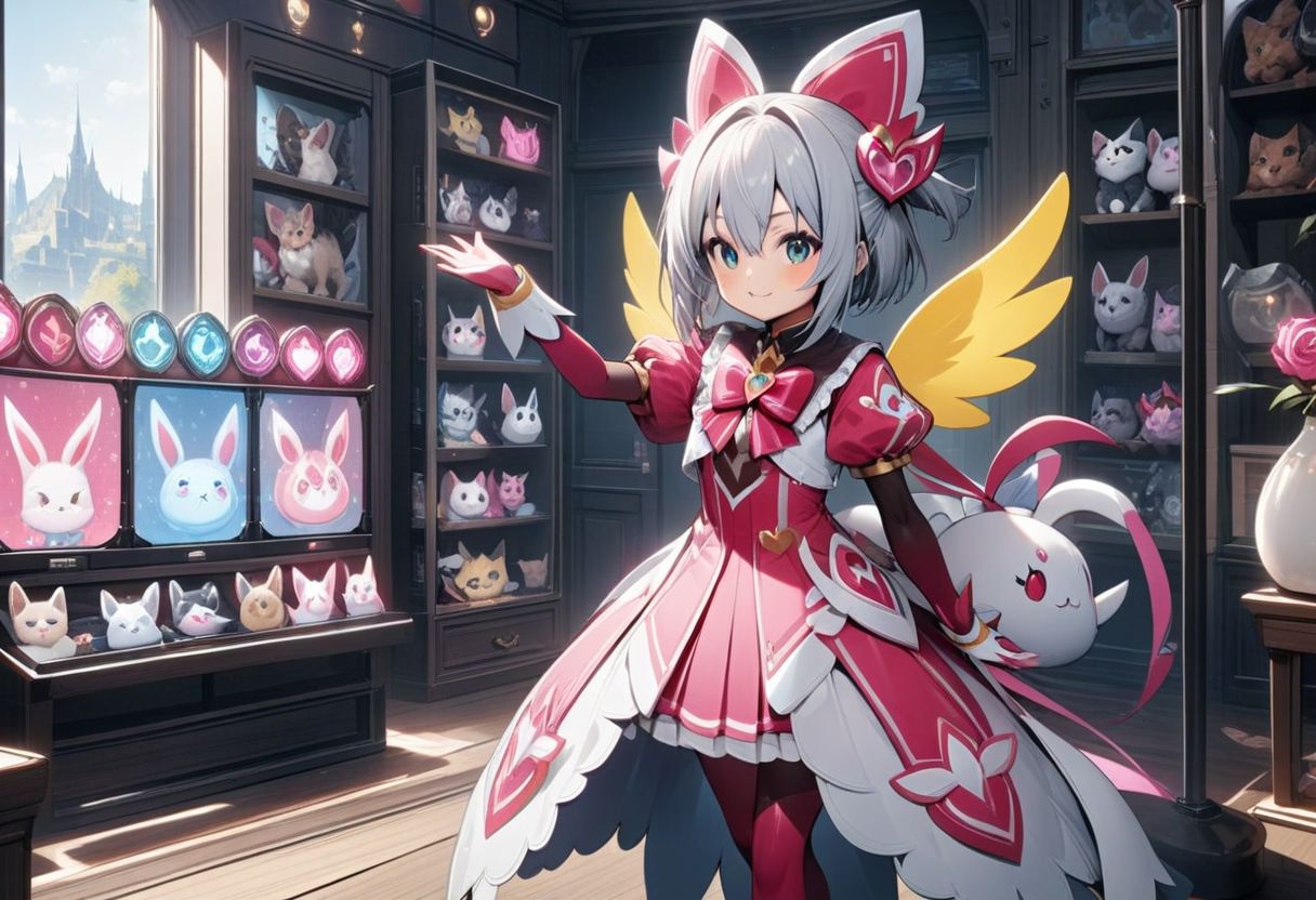 best quality, high resolution, a display stand for a magical girl with details of cute pets