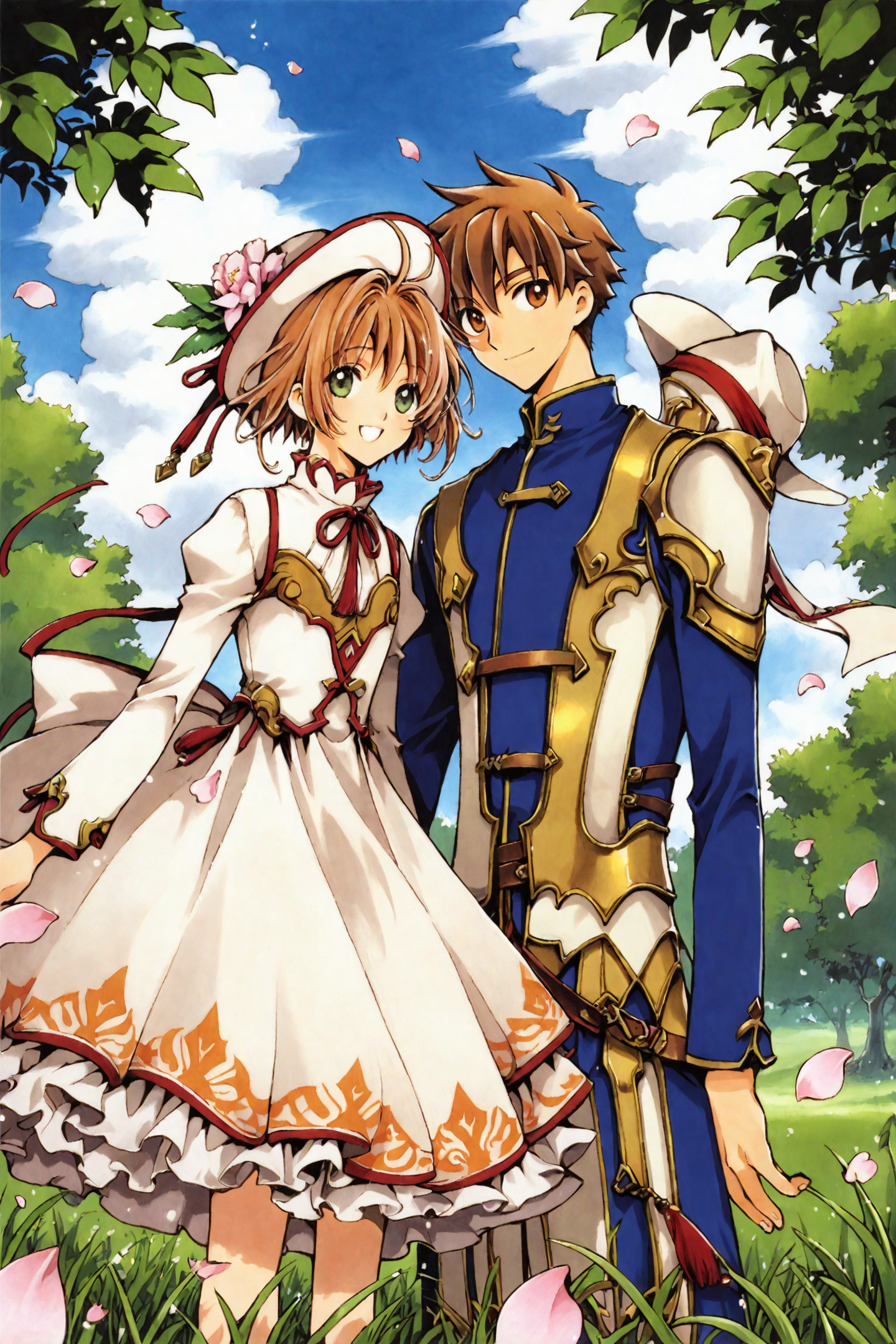 score_9,score_8_up,score_7_up,masterpiece,best quality,
Tsubasa,
1girl,1boy,brown hair,kinomoto sakura,green eyes,outdoors,hat,sky,hetero,day,grass,flower,short hair,cloud,dress,couple,brown eyes,long sleeves,smile,looking at viewer,standing,petals,
<lora:CLAMP_XL_PONY:0.8>,