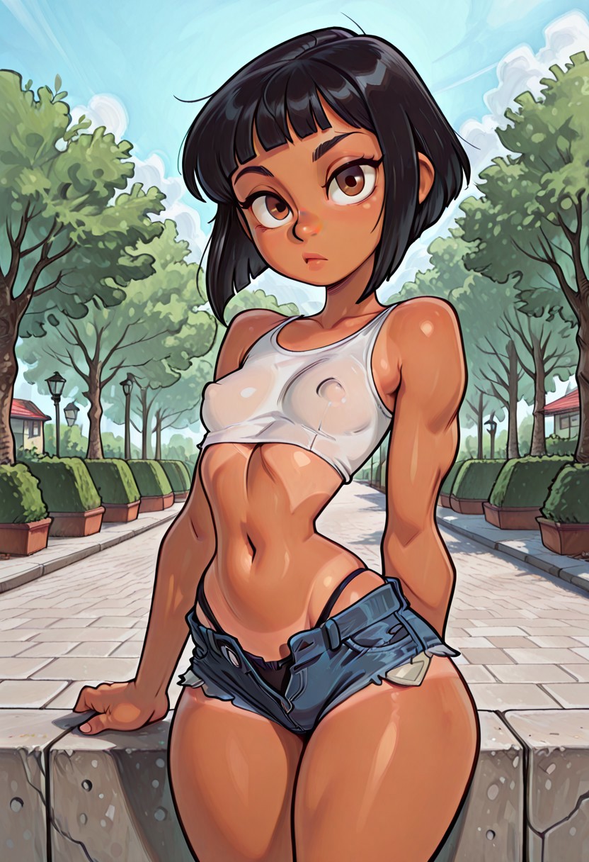 best quality, absurdres, masterpiece, 1girl, latina, tan skin, 20yo, small breasts, petite, muscular, wide hips, narrow waist, crop top, navel, black panties, ((open fly, open shorts,)) black hair, inverted bob, micro shorts, sexy, covered nipple, denim shorts, from side, bored expression, looking at viewer, sexy, brown eyes, park, animish