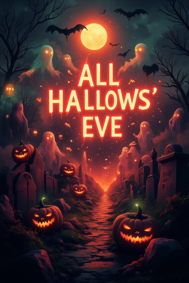 Design an electrifying Halloween scene with the words 'All Hallows' Eve' glowing at the center, written in a spooky yet playful font. Surround the text with classic Halloween elements like glowing jack-o'-lanterns, ominous black cats with arched backs, and fluttering bats against a dark, foggy sky. Ghostly apparitions swirl around the text, adding a sense of mystery, while a full moon shines brightly in the background, casting eerie shadows. The color palette should include deep oranges, blacks, purples, and flashes of neon green to create a dramatic, high-energy effect, with dynamic lighting emphasizing the text as the focal point. Make sure to include cobwebs and gravestones in the foreground to give a sense of depth and texture.,vibrant painting,aidmaTextImprover