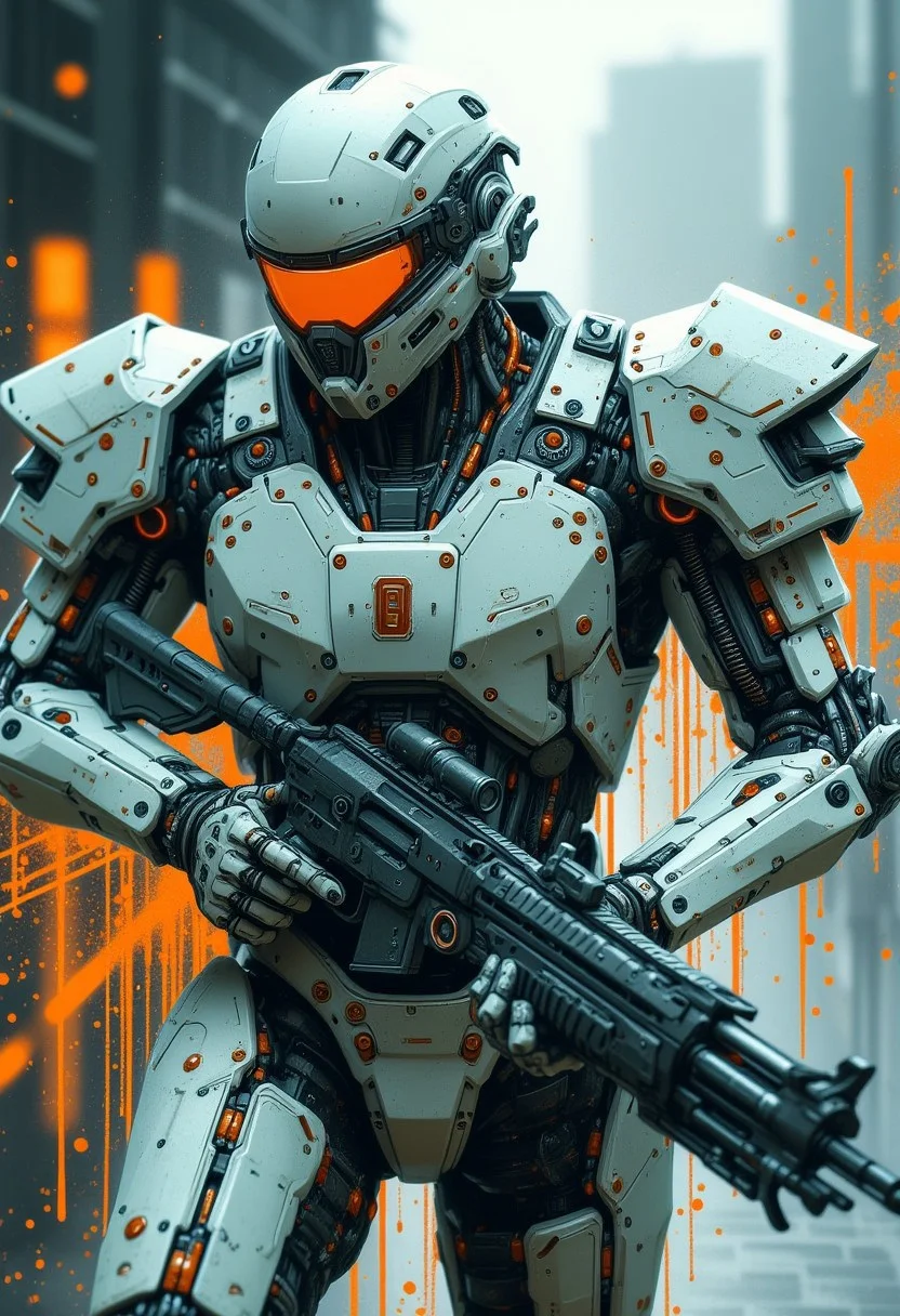 closeup portrait of a high end bipedal robot battle unit, white and neon power armor, detailed cyberhelmet, robot joints and circuits, holding an assault rifle, aiming at the viewer, on the deck of a futuristic starship,, mad-cbrpnksplshrt, splash art