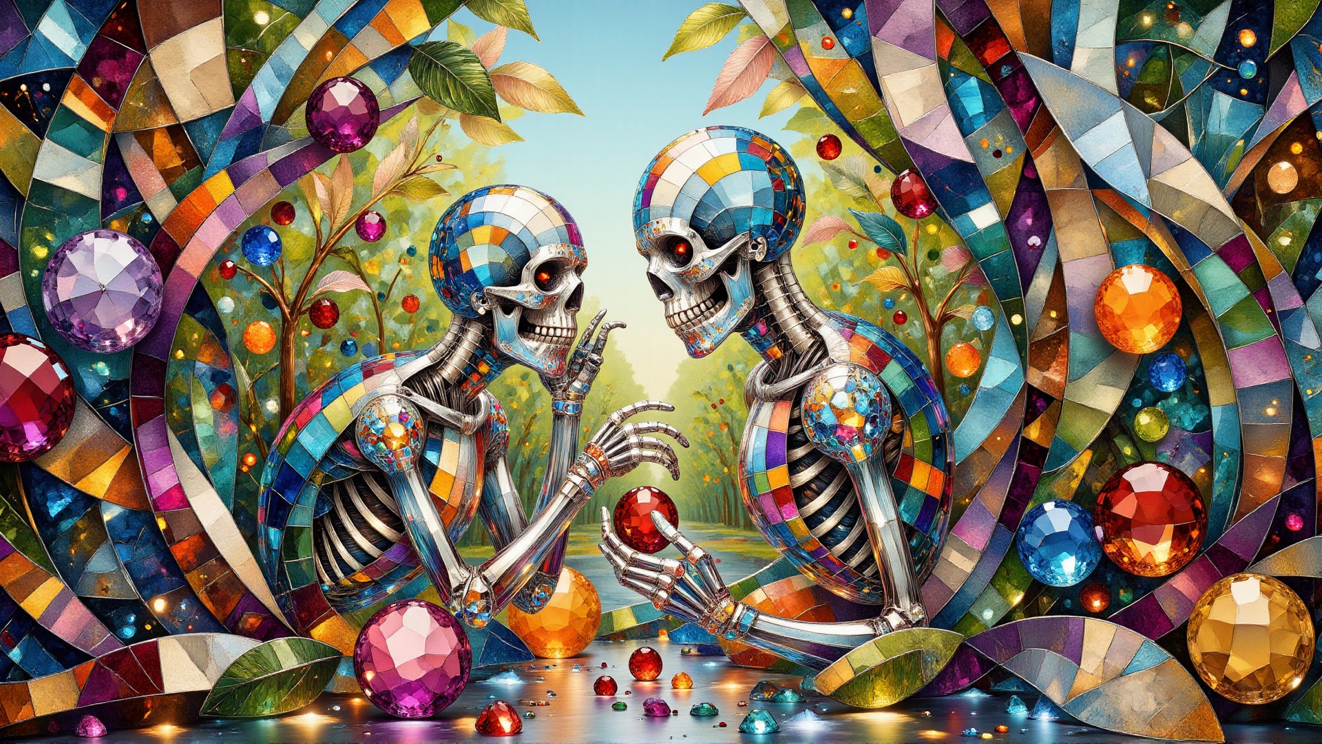 The basic cs-cr1stal scene is skeletons pick fruit in an orchard with iridized glass cherries. The picture combines Fauvism impossible elements with a modern interpretation characterized by elegant lines, a Mediterranean color palette, and intricate gothic details. The background skilfully blends shapes into a Surrealist backdrop. <lora:midjourney_whisper_chromaplex_v1:0.8> <lora:Crystality Flux_v1:0.8>