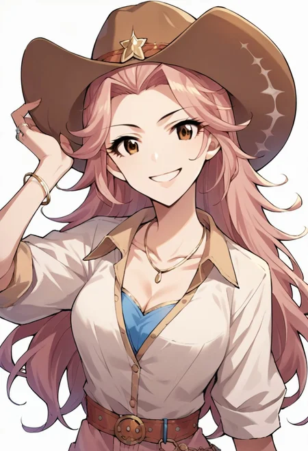 score_9, score_8_up, score_7_up, source_anime,hamakawa ayuna, 1girl, solo, long hair, looking at viewer, smile, hat, cleavage, brown eyes, jewelry, collarbone, pink hair, necklace, grin, bracelet, ring, cowboy hat