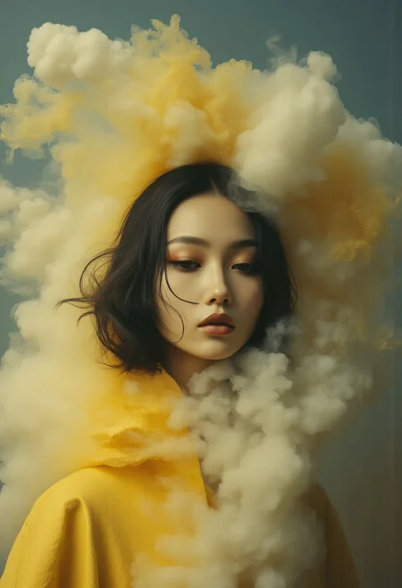 Eye liner, film grain, Korean Model, smoky ethereal face, yellow, color makes an outline of her face in the hazy smoke, one point source of light , diffused around the smoke, watery like appearance, mixed theme portrait, By Tom Nulens