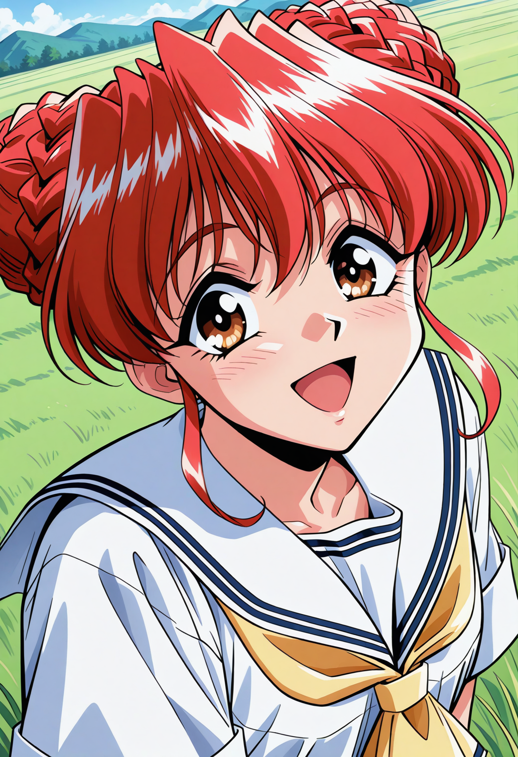 tani_yurika, brown eyes, red hair, hair bun, double bun, school uniform, serafuku, white sailor collar, yellow neckerchief, white shirt, short sleeves, , <lora:Graduation_tani_yurika_illustrious_ver1:0.8>
smile, open mouth,, masterpiece, best quality, very aesthetic, absurdres, general,, 1girl, solo, blue sky, (grasslands:1.2), looking at viewer,, (upper body:1.2), (close-up:1.2), (facing viewer:1.2), (open eyes:1.4), (portrait:1.2)
