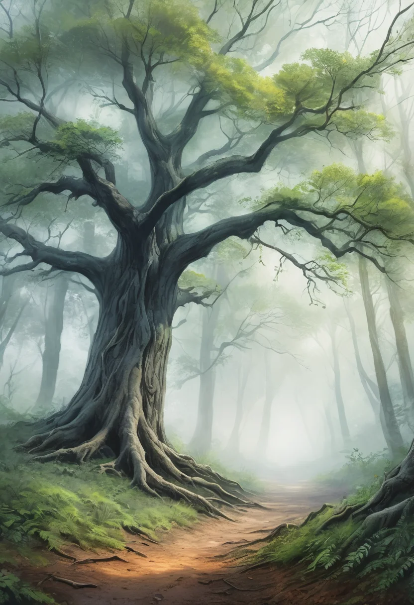 a canopy of branches casting patterns on the ground, a forest teeming with life beneath its leafy canopy, <lora:Artfully_TREES2-000003:0.6>, painted with soft brushstrokes, depth map, sketch of an old tree, surrounded by mist and fog, painted in watercolor, sketched with loose strokes masterpiece, detailed, best quality, absurd resolution uhd, 8k,