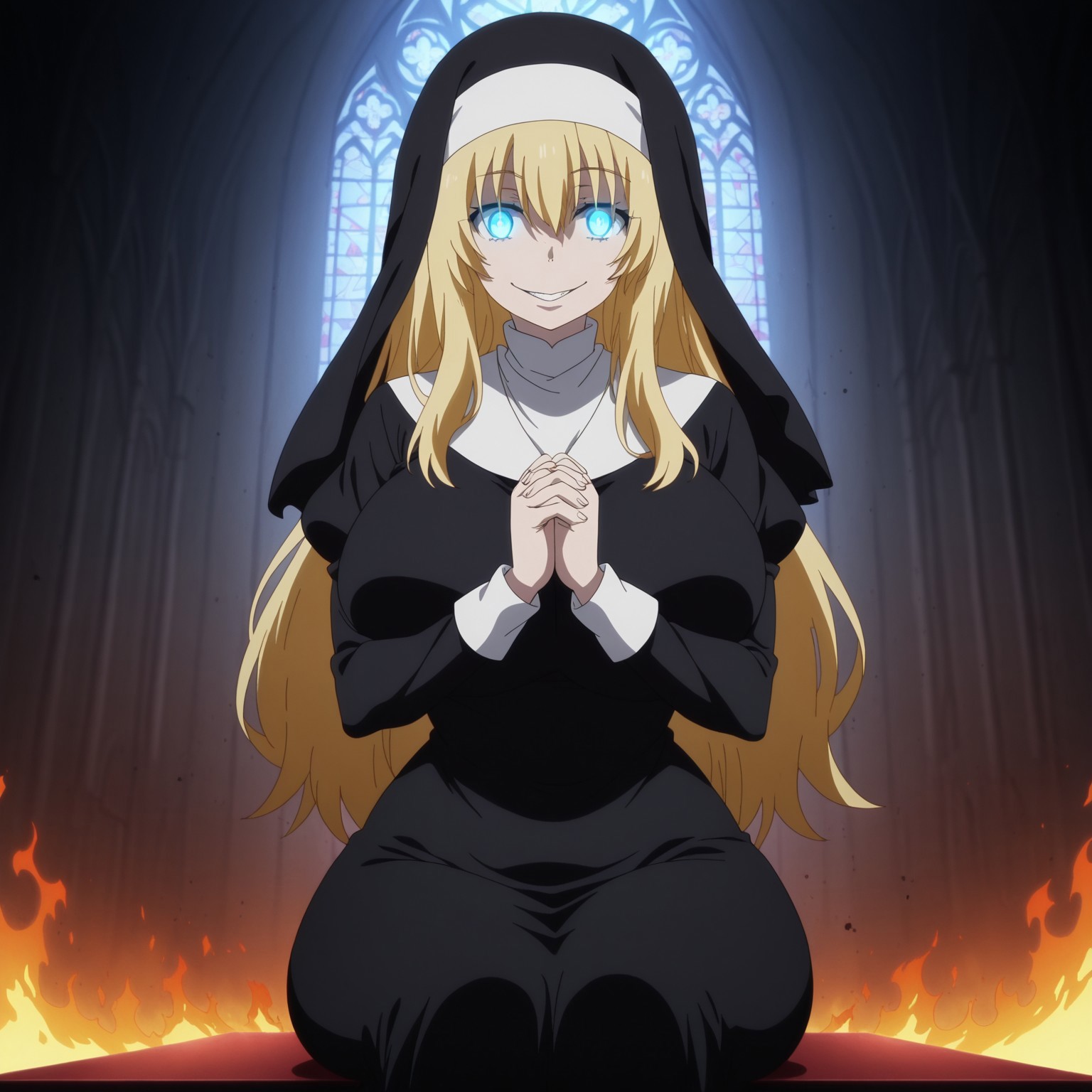 lazypos,anime screencap, 1girl, naughty smile, grin,
PillarAmaterasu, blonde hair, blue eyes, long hair, fire, wide hips, nun, praying, church, sitting, huge breast, (glowing eyes)