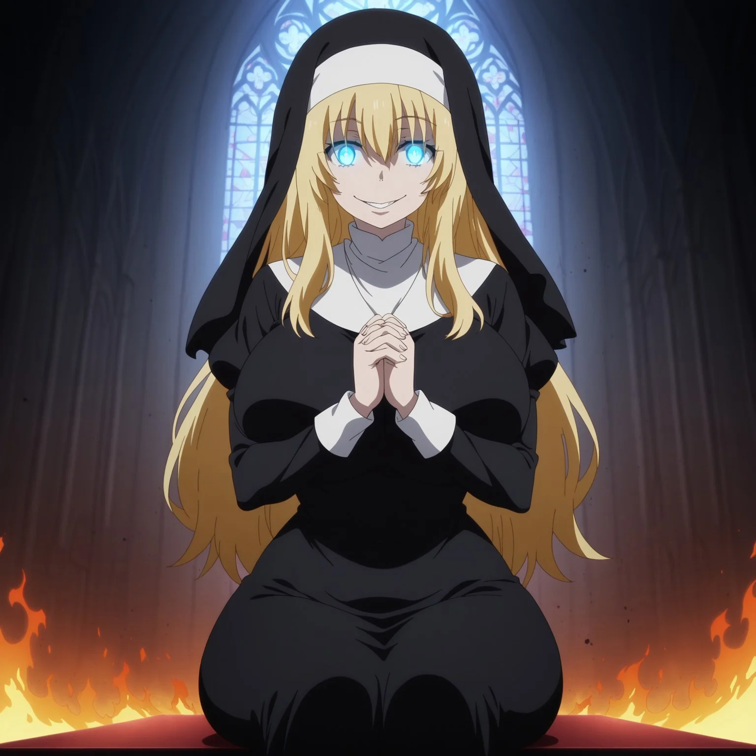 lazypos,anime screencap, 1girl, naughty smile, grin,
PillarAmaterasu, blonde hair, blue eyes, long hair, fire, wide hips, nun, praying, church, sitting, huge breast, (glowing eyes)