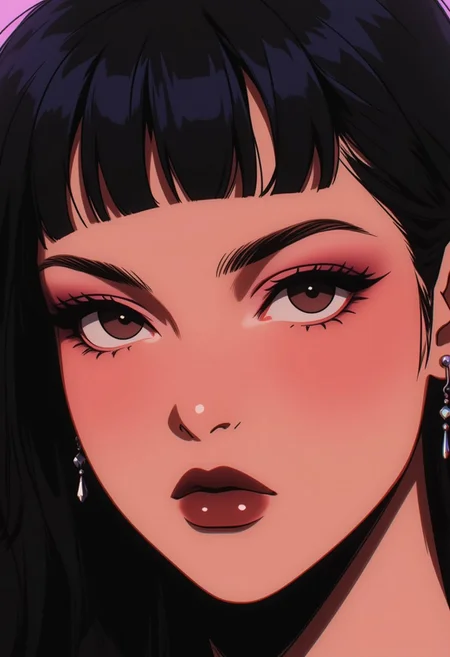 masterpiece, best quality,high quality, newest, highres,absurdres, solo, mole under eye, 1girl, mole, solo, eye focus, earrings, jewelry, red eyes, close-up, makeup, looking at viewer, black hair, eyelashes, bangs, lipstick, maroon lips, dark pink eye shadow