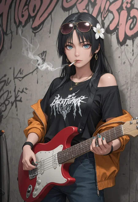 masterpiece,amazing quality,best quality,ultra-detailed,
<lora:Saten Ruiko illu:1> 1girl, long hair, black hair, hair ornament, hair flower, blue eyes, guitar, solo, instrument, cigarette, electric guitar, smoking, shirt, jewelry, pants, smoke, black shirt, holding, , looking at viewer, eyewear on head, necklace, jacket, off shoulder, wristband, sunglasses, earrings, graffiti, tinted eyewear,, short sleeves, holding instrument, cowboy shot, t-shirt, nail polish,