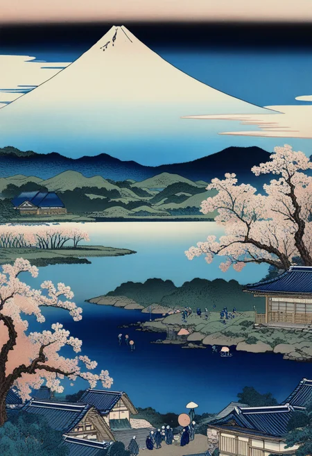 panoramic scenery, cherry tree, lake, mount fuji, house, people, (best quality), woodcuts, highly detailed, KHsty-XL <lora:KHsty-XL-v3-AN:0.7>