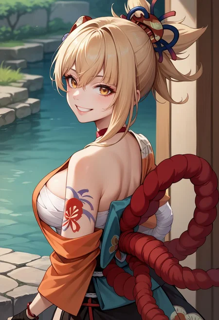 score_9, score_8_up, score_7_up, source_anime, 1girl, yoimiyadef, yellow eyes, blonde hair, ponytail, hair ornament, red choker, medium breasts, arm tattoo, bandaged arm, cleavage, chest sarashi, bandages, hadanugi dousa, shimenawa, rope, orange kimono, japanese clothes, obi, sash, pouch, single fingerless glove, black gloves, bandaged leg, single thighhigh, black thighhighs, asymmetrical legwear, black socks, geta, standing, smile, grin, looking at viewer, outdoors, portrait, close-up, upper body, from behind, looking back, back, <lora:Yoimiya_v1-000010:1>