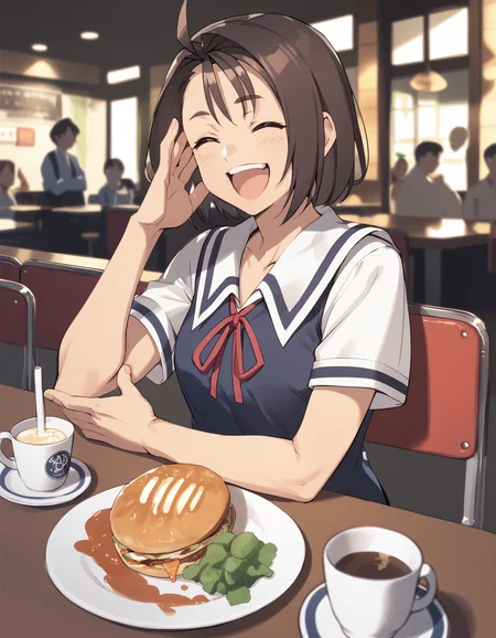score_9,  score_8_up, score_7_up <lora:kazama-akira-ponyxl-000013:1> rskzm, serafuku, blue vest,
laughing, cafe