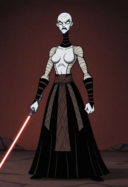 1girl, female, asajj ventress, 2d, cartoon, cartoon character, star wars, clone wars style, genndy tartakovsky style, bald woman, hairless, white skin, pale skin, no pupils, white eyes, thin eyebrows, blue lips, gray lips, facial tattoos, face markings, thin body, athletic build, slender, long neck, sith assassin, dark side user, minimalist animation style, sharp angles, curvy, tall, sexy, horny, angry, humanoid ,
red lightsaber,
standing.