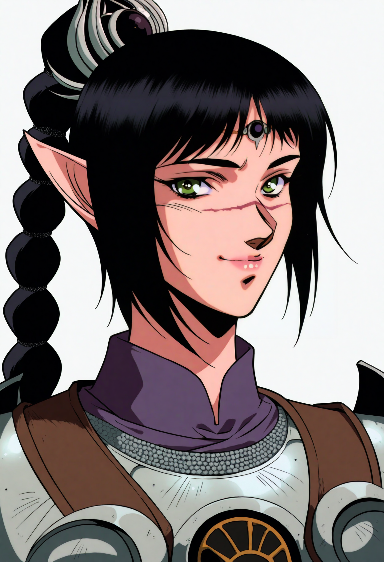 retro artstyle, best quality, amazing quality, very aesthetic, absurdres, BREAK
1girl, solo, shadowheart, black hair, braided ponytail, green eyes, scar on face, circlet, armor, elf, pointy ears,
pelvic curtain,
smile, looking at viewer, upper body, simple background, white background, <lora:ShadowHeartIllustrious_byKonan:1>,   <lora:RecordofLodossWarNoob_byKonan:1>