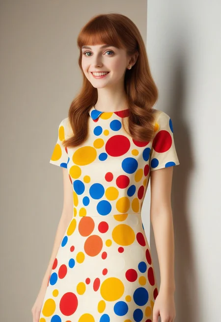 (masterpiece,best quality:1.5), high quality details,, amazing quality, newest, scenery, volumetric lighting
shiny skin, BREAK,
1girl, Jane,
60s style polkadot mondrian jersey dress, colorful jersey dress,
, smile, happy,
pizzasdx