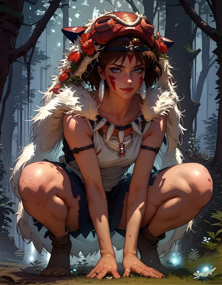 score_9, score_8_up, score_7_up, san, 1girl, full body, squatting, solo, short hair, brown hair, gray eyes, headband, face paint, earrings, white sleeveless top, navy under dress, arm cuffs, fur headdress, fur cape, light-skinned female, female focus, looking at viewer, smiling, forest, (blush:1.1) <lora:pony/twilight_style:0.8> concept art, realistic, <lora:pony/expressiveh:0.8> expressiveh, <lora:pony/kenva:0.8> knva, <lora:pony/san_pony_v4> <lora:sdxl/sinfully_stylish_sdxl>
