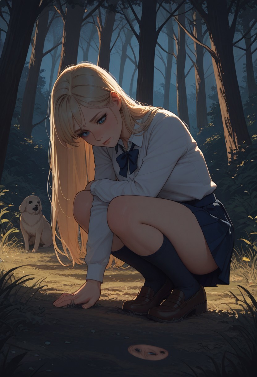 Artist : Tsuaii, Artist : Incase, flat colors, high detailed, high quality, masterpiece, 
1girl, 1 dog, long straight blonde hair, wearing school uniform, crouching down, field, forest on the edge, university exterior, at night, dynamic lighting,
eye reflection, blue eyes