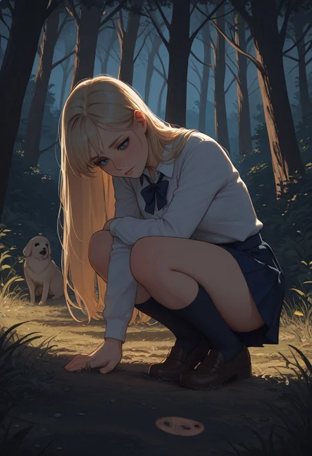 Artist : Tsuaii, Artist : Incase, flat colors, high detailed, high quality, masterpiece,
1girl, 1 dog, long straight blonde hair, wearing school uniform, crouching down, field, forest on the edge, university exterior, at night, dynamic lighting,
eye reflection, blue eyes