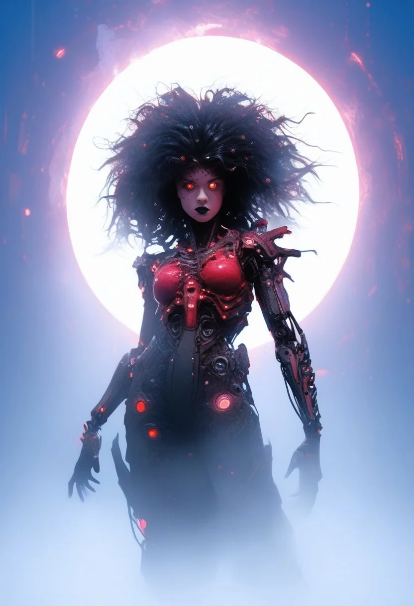 score_7_up, (score_9:1.1), wide shot, realistic, realism, hyper realistic, full shot, looking at viewer, detailed, perfect, perfection, hands, science fiction, Kerriganxl,
BREAK,
1woman, gothic girl, black lipstick, 26yo, reflective shiny black hair,
(glowing red eyes,red screla, red iris, red pupil:1.3),
big hair, static hair, yellow hair, glowing hair,
BREAK,
((glossy lips, shiny skin)), full lips, standing in doorway, blocky shape cybernetics, metallic skin, raised eyebrow, cybernetic girl, pale skin, (big nose:0.9), ((medium teardrop breasts)), (abs:1.1),
BREAK,
samurai attire, samurai outfit, Kurosawa_samurai, semi-metallic outfit, wearing a tutu,
BREAK,
(neon background, future slums, neon, cybernetic background, mist:1.3),(cybernetic mechanical arm, prosthesis:1.3),