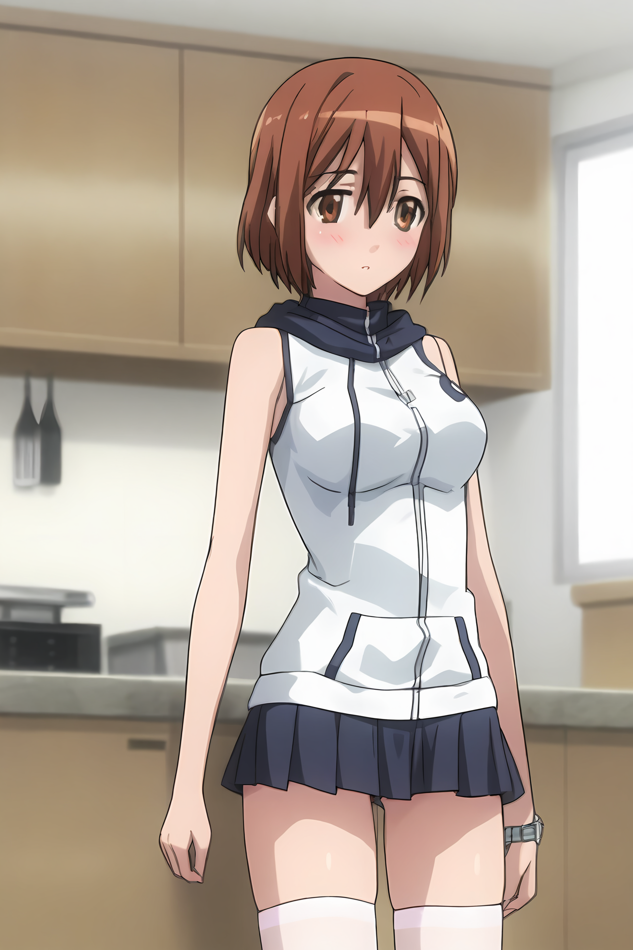 (white hoodie sleeveless thighhighs:1.50), cpc-manami, short hair, brown hair, hair between eyes, brown eyes, wristwatch, 
medium breasts,
1girl, solo, skinny, (source_anime, score_9, score_8_up, score_8, score_7_up), score_7, score_6_up, score_6, score_5_up, score_5, 
(blush:1.10),
(kitchen:1.00),
(straight-on:0.80), (:1.10),
<lora:cpc-manami-V04-000003:1.00>