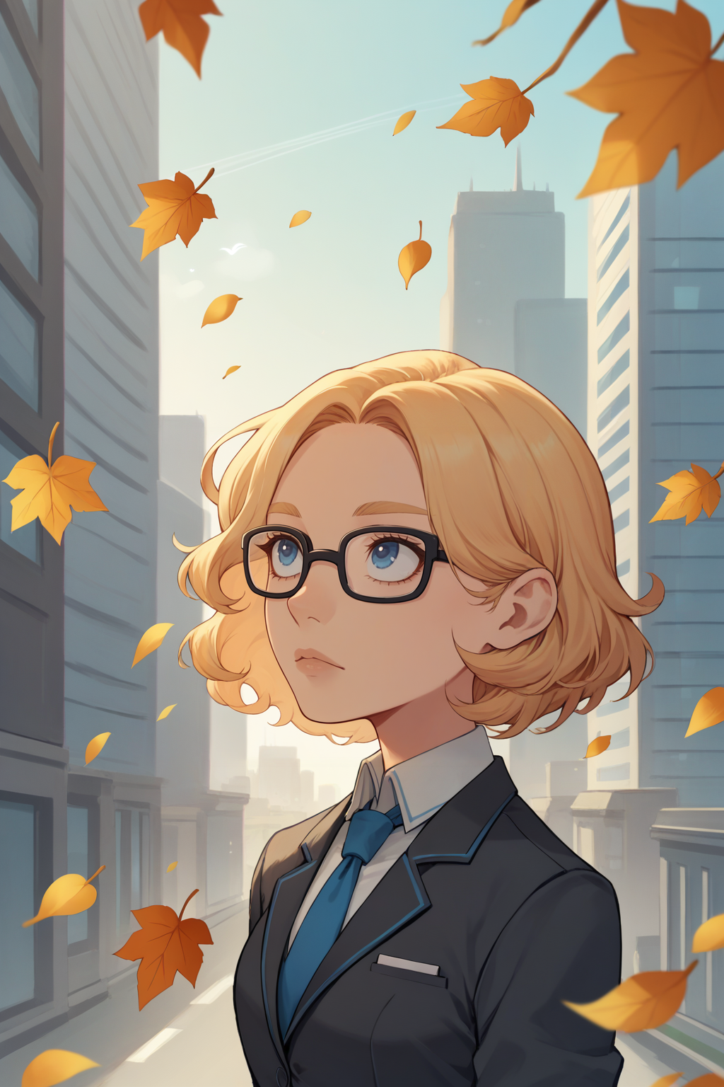 score_9, score_8_up, <lora:NSPhyllisPortia:1> NSPhyllisPortia, 1girl, solo, blonde hair, medium hair, blue eyes, necktie, black suit, formal suit, jacket on shoulders, glasses, wind, city, looking up, leaves
