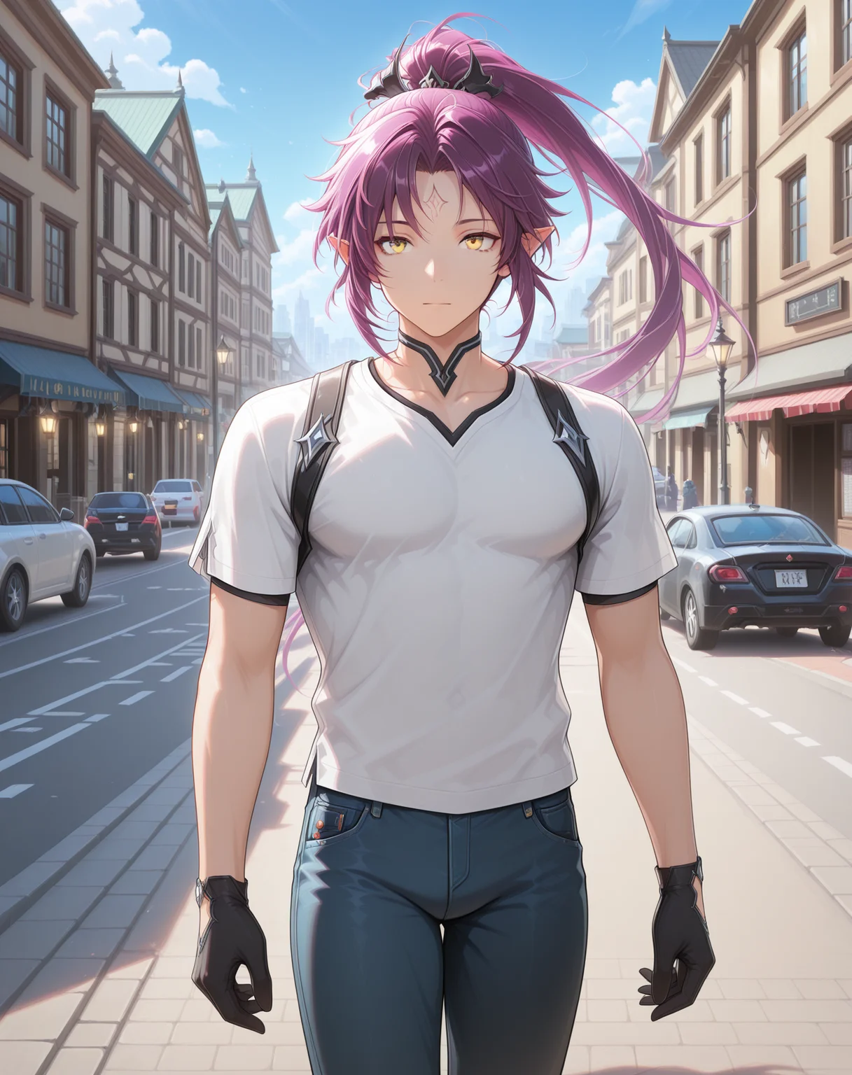 masterpiece,best quality,amazing quality, newest, very aesthetic, absurdres,
1boy, solo, yaoi, male focus, looking at viewer, cowboy shot, standing,
<lora:Veigas_FSI_ilxl:1> veigasfsi, black gloves, forehead mark, pointy ears, purple hair, high ponytail,yellow eyes, floating hair,
white shirt, jeans, sneakers,
outdoors, day, blue sky, building, street, road, lamppost, car,