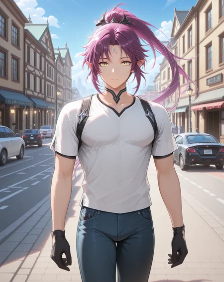 masterpiece,best quality,amazing quality, newest, very aesthetic, absurdres,
1boy, solo, yaoi, male focus, looking at viewer, cowboy shot, standing,
<lora:Veigas_FSI_ilxl:1> veigasfsi, black gloves, forehead mark, pointy ears, purple hair, high ponytail,yellow eyes, floating hair,
white shirt, jeans, sneakers,
outdoors, day, blue sky, building, street, road, lamppost, car,