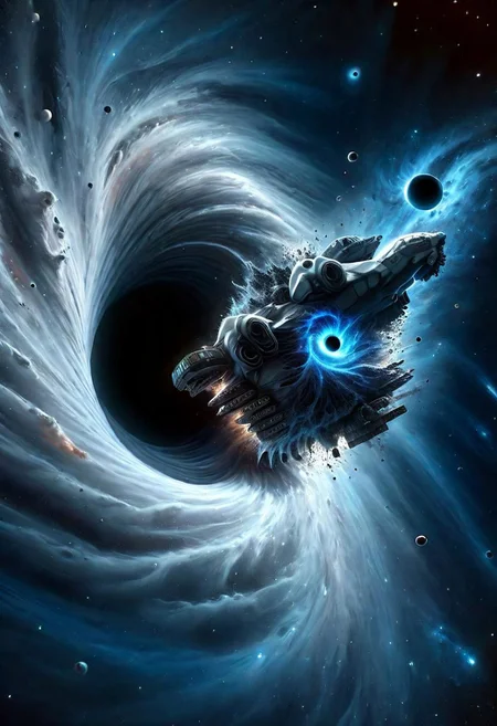 spaceship flying into a black hole, giant space twisted mandelbrot fractal stars, black and deep blue sky nacre, ultra details, artstation, octane renderer, (colorfully fine pimples:1.3), in space, ral-blackhole <lora:ral-blackhole:1>
