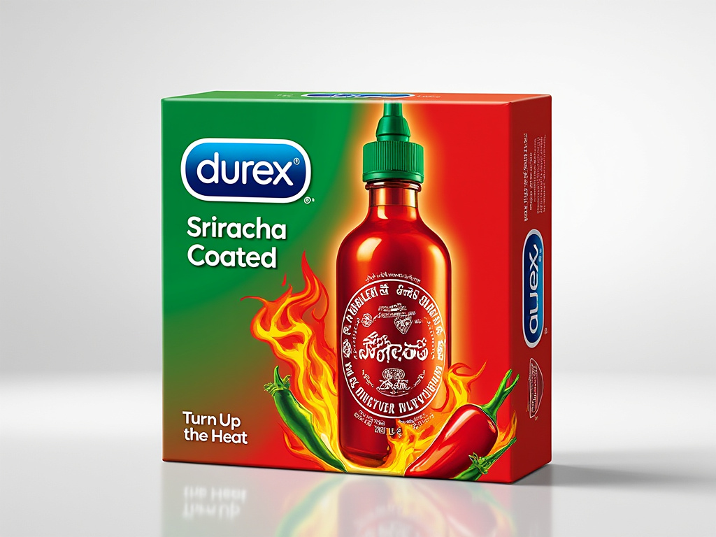 A professionally designed pack of Durex condoms takes center stage, blending humor with a polished aesthetic. The vibrant red-and-green packaging features a clean, dynamic illustration of a Sriracha bottle, complete with fiery chili flames radiating from its base. Bold text displays the tagline 'Sriracha Coated' in a modern, minimalist font, accompanied by the playful phrase 'Turn Up the Heat' below it.