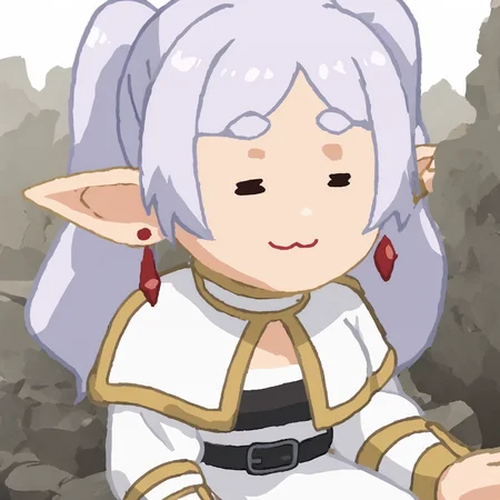 anime, cartoonized,2d illustration, simple, simple background, upper body,
1girl, solo, Medieval,ruins,forest, Sitting, (smile:0.6), (small breasts:1.2),
frieren,green eyes,dangle earrings,drop earrings,elf,grey hair,long hair,parted bangs,pointy ears,twintails,white hair,
black belt,(black pantyhose),white capelet,white dress,jewelry,long sleeves,red gemstone,white skirt,(striped shirt:1.1), boots, face closeup,
<lora:CH:1><lora:frieren_RXL_V1_1:1> <lora:ChamElfExpressionPonyXL:1> =w=, :3, = =, eyes closed