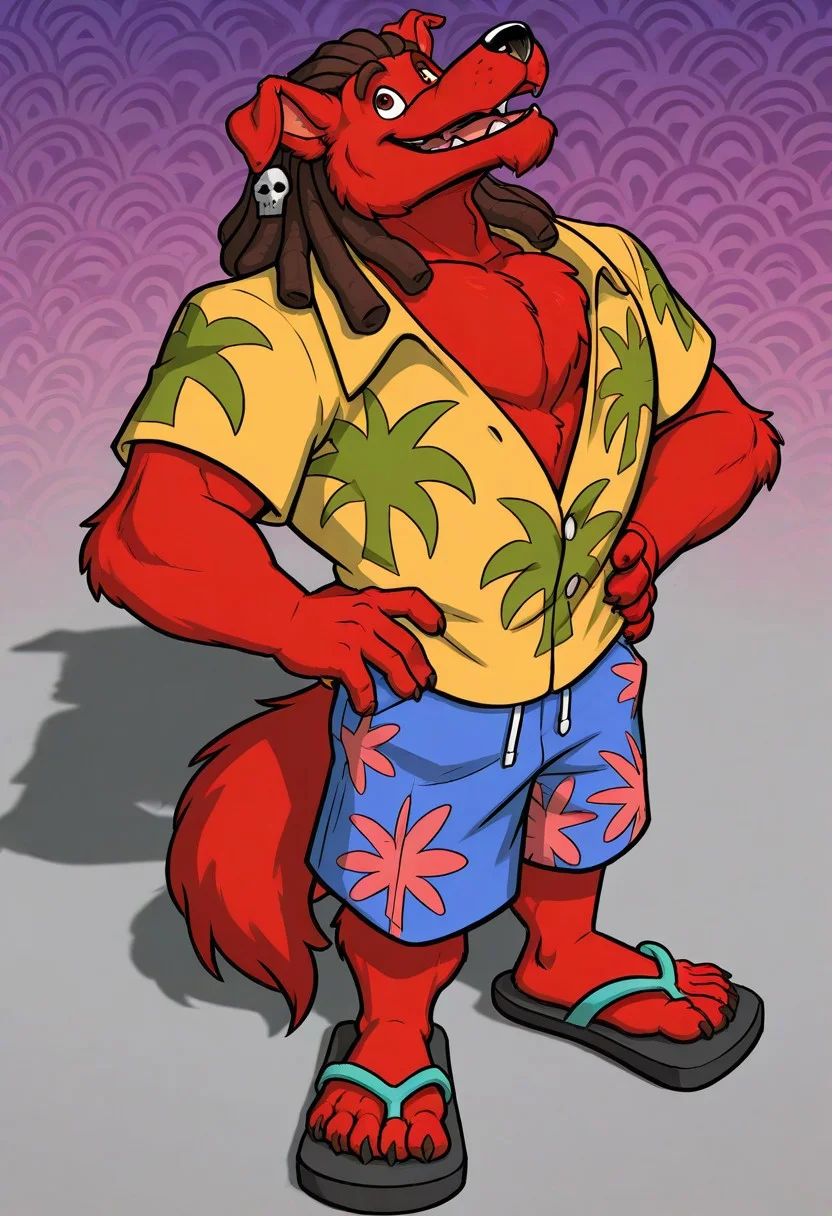 masterpiece, ultra detailed, amazing quality, absurdres, very aesthetic, no humans, solo focus, male focus, furry male, 1boy, (from above:1.1), mini person, short,
d_w0lf_mon, red fur, red body, body fur, elbow tuft, brown hair, dreadlocks, brown eyes, long snout, black nose, single earring, skull earring, smile, fangs, looking at viewer, open mouth, tongue, teeth, wide-eyed, facial hair, chin tuft, wrinkles, mature male, droopy ears, muscular, chest tuft, pectoral cleavage, yellow shirt, collared shirt, hawaiian shirt, palm tree print, short sleeves, partially unbuttoned, blue shorts, swimming trunks, floral print shorts, leaning back, head back, standing, hands on hips, looking up, finger claws, tail, sandals, toe claws, perfect hands, perfect feet, 5 fingers, 4 toes, high-angle view,
BREAK
patterned background, psychedelic background, perfect lighting, shadow, pov