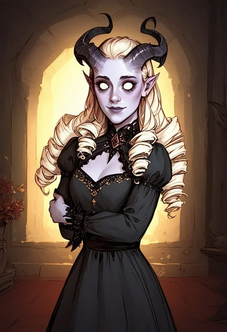 1girl, 1animal, cute blond girl is hugging a black cat, long hair, dress, drill hair, indoor, living room,  blank eyes, looking at viewer,  dontstarvestyle,  <lora:dontstarvestyleV2:0.9>, score_9, score_8_up, score_7_up, Tiefling, pointed ears, horns, colored sclera