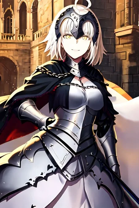 jeanne_d_arc_alter_fgo, yellow_eyes, breasts, ahoge, bangs, large_breasts, white_hair, long_hair, smile, cleavage, short_hair, hair_between_eyes, very_long_hair, grey_hair