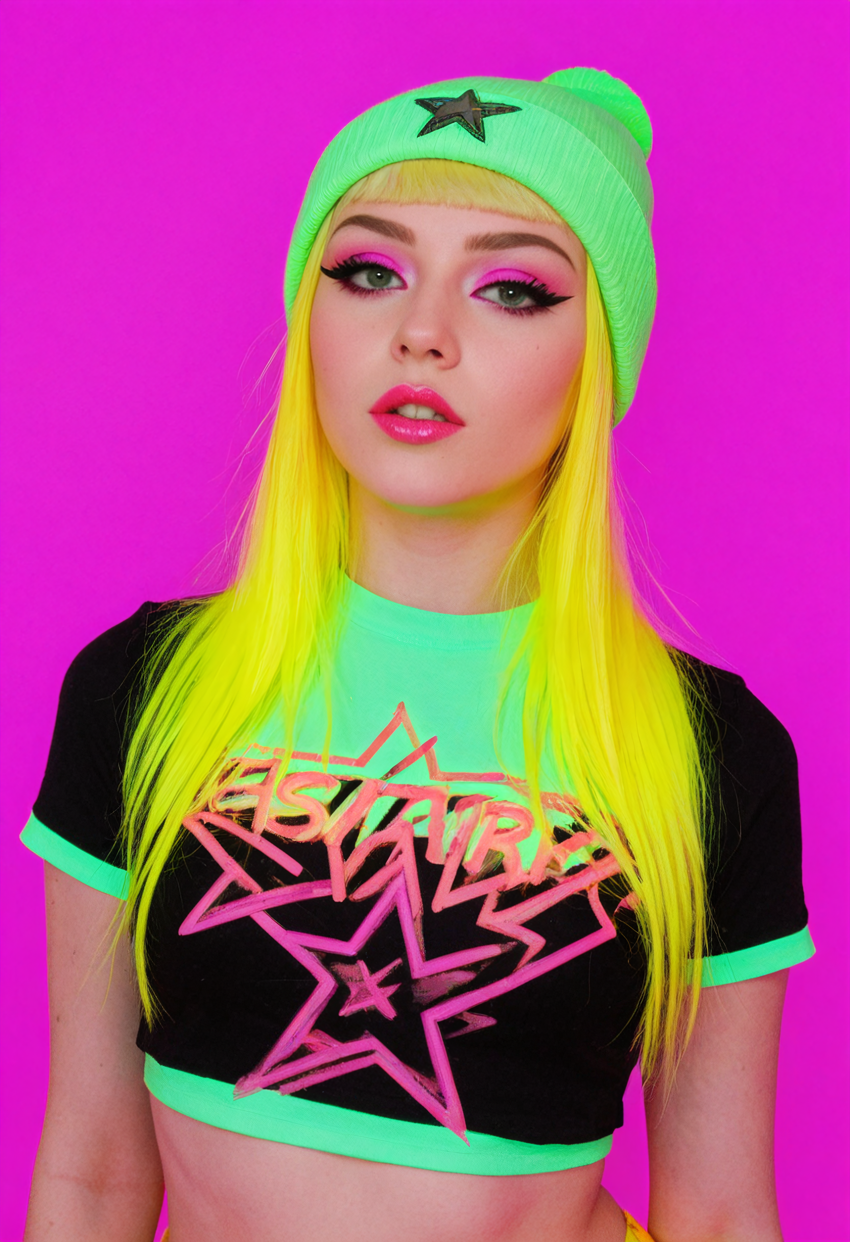 fire, teeth, star (symbol), spoken heart, 
full torso photo of a cute girl, solo, small neon color beads in hair, colorful hair accessories, confident pose, layered neon color streetwear outfit, (crop top tshirt:1.2), neon color hairstyle, high-fashion portrait, avant-garde look, 1girl, very pale skin, platinum blonde hair, asymmetrical haircut, dramatic bangs obscuring eyes, edgy beauty, slender petite build, long straight (neon color hair), black eyeliner, heavy mascara, bold neon color lips, (neon color beanie), mysterious aesthetic, 
fashion editorial lighting, vibrant tone lighting, fashion photography style, edgy aesthetic, modern alt look, high detail, cinematic sharpness, 
solid neon color background,
high detail, high resolution, high-resolution fashion editorial, expressive lighting, vibrant colors, creative composition
 <lora:dmd2-sdxl-4step:1> <lora:sm0k-000006:1> <lora:neoncolors2:0.6>