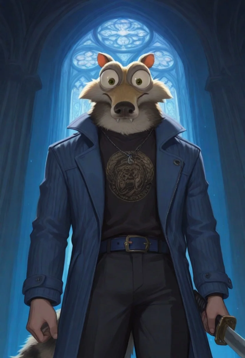 masterpiece, best quality, 1boy, Scrat, long snout, bushy tail, bulging eyes, striped tail, long blue coat, black shirt, black pants, dark blue belt, katana in right hand, gothic cathedral background, detailed background