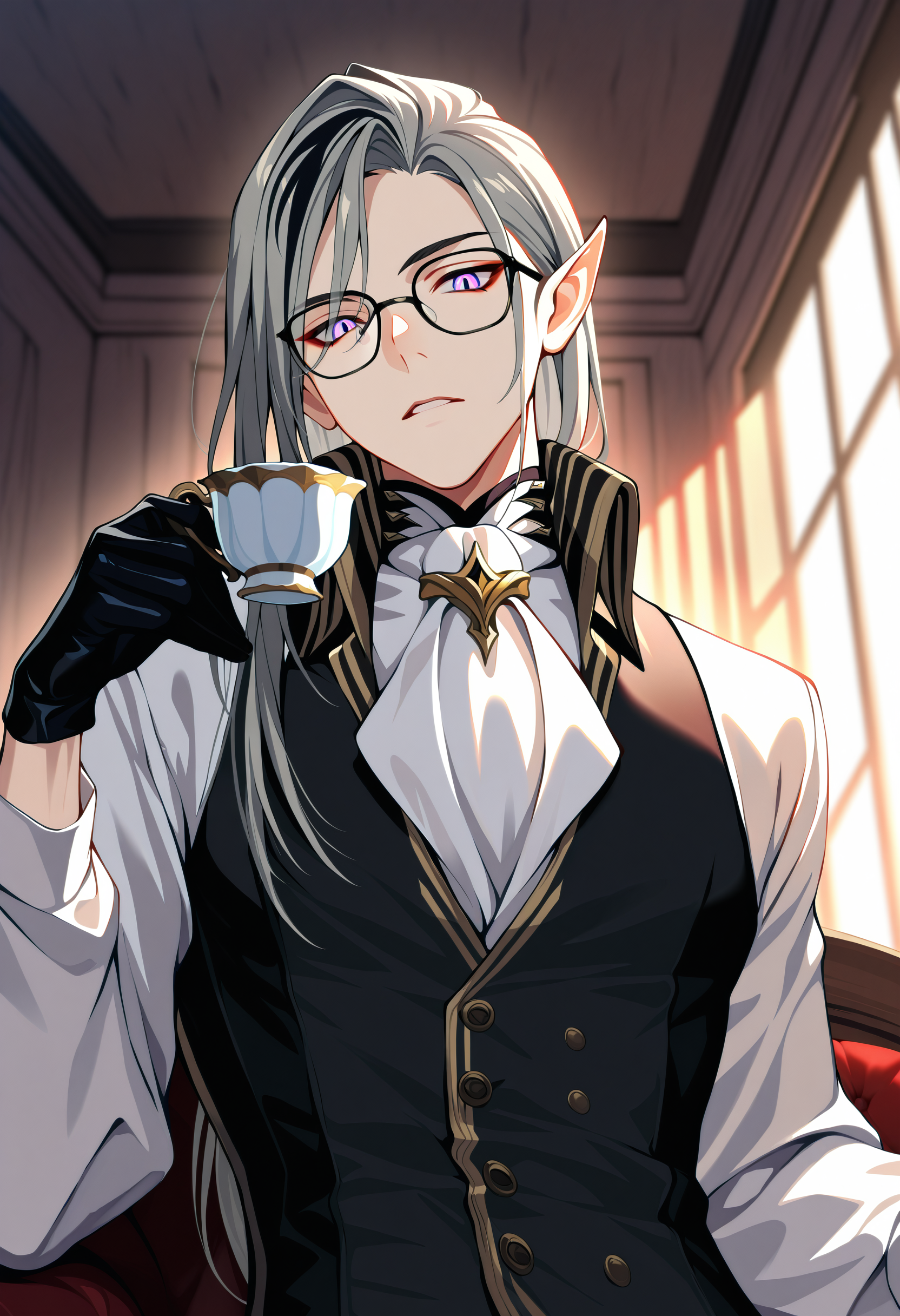 noir vesper, 1boy, male focus, solo, black gloves, pointy ears, purple eyes, holding cup, glasses, long hair, upper body, grey hair, teacup, black vest, parted lips, black hair, white shirt, white ascot, streaked hair, jewelry, long sleeves,
looking at viewer, from below, sitting, indoors, window shade, dappled sunlight,
masterpiece, best quality, very aesthetic, absurdres
<lora:holostars_allmems_illustrious_v1:1>
<lora:illustrious_noobai_epsilon_pred_1_masterpieces_v1:1>