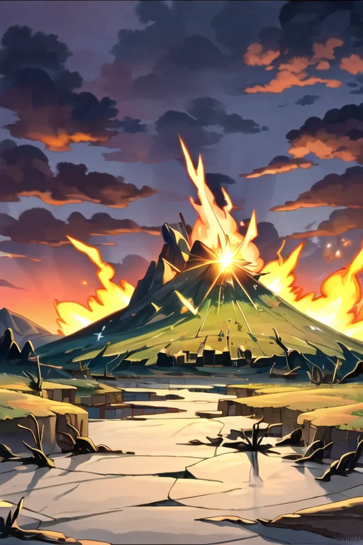 a mountain with fire burning, cracked ground surface, dark, cloudly sky