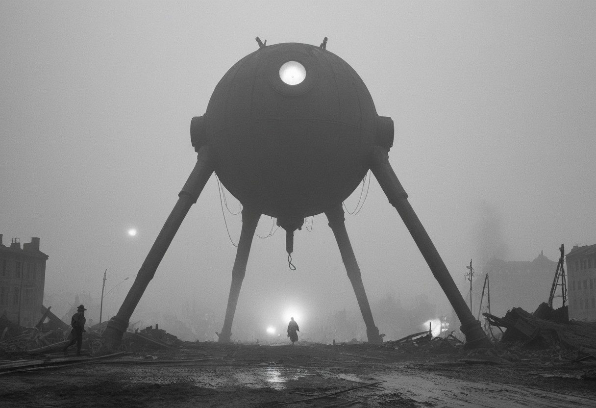 monochrome, black and white photo, old photo,blurry, low quality, old photo defects, world war 1, steam punk technology, automatons, battlefield, destroyed city,rubble, collapsed buildings, fires, artillery, Thick fog, strange shaped robots moving in the distance,massive machines in far distance,massive robots with 3 long legs ,spherical bodies,no arms, antenna, wires, consistent design,three lights that look like eyes,cylindrical object protruding from the body with 3 lights on its front, looking at viewer, scary, damaged robots, trench warfare, no mans land, small humans, large robots, art style of simon stalenhag