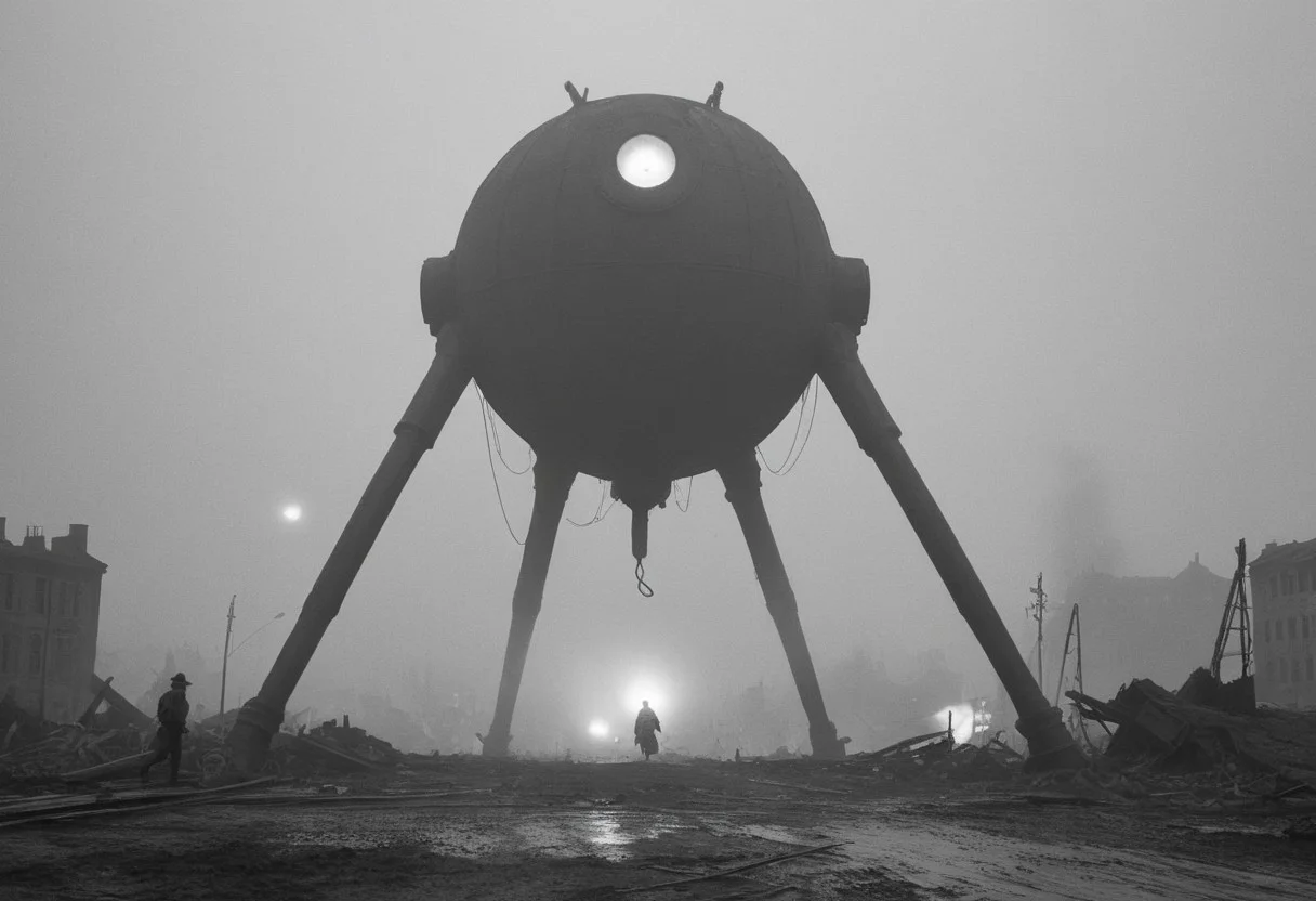 monochrome, black and white photo, old photo,blurry, low quality, old photo defects, world war 1, steam punk technology, automatons, battlefield, destroyed city,rubble, collapsed buildings, fires, artillery, Thick fog, strange shaped robots moving in the distance,massive machines in far distance,massive robots with 3 long legs ,spherical bodies,no arms, antenna, wires, consistent design,three lights that look like eyes,cylindrical object protruding from the body with 3 lights on its front, looking at viewer, scary, damaged robots, trench warfare, no mans land, small humans, large robots, art style of simon stalenhag
