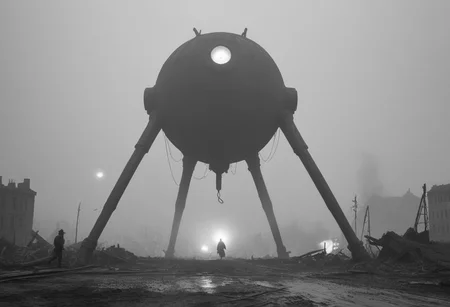 monochrome, black and white photo, old photo,blurry, low quality, old photo defects, world war 1, steam punk technology, automatons, battlefield, destroyed city,rubble, collapsed buildings, fires, artillery, Thick fog, strange shaped robots moving in the distance,massive machines in far distance,massive robots with 3 long legs ,spherical bodies,no arms, antenna, wires, consistent design,three lights that look like eyes,cylindrical object protruding from the body with 3 lights on its front, looking at viewer, scary, damaged robots, trench warfare, no mans land, small humans, large robots, art style of simon stalenhag